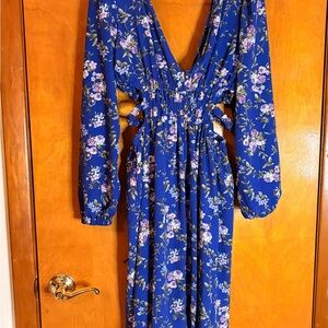 Forever 21 Royal Blue Floral Long Sleeve Maxi Dress